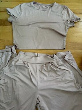 Neutral Beige Two-Piece Crop Top and High-Waist Pants Set